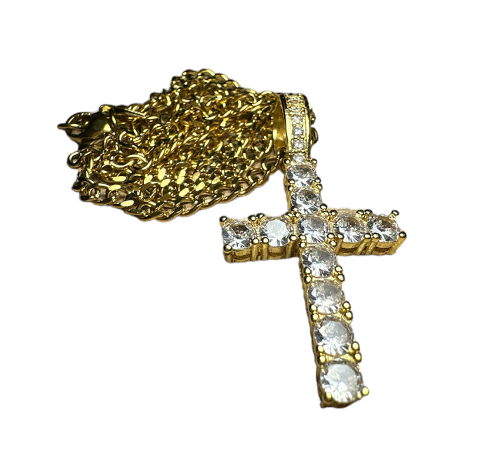 Gold Cross Cuban Necklace CZ Diamonds