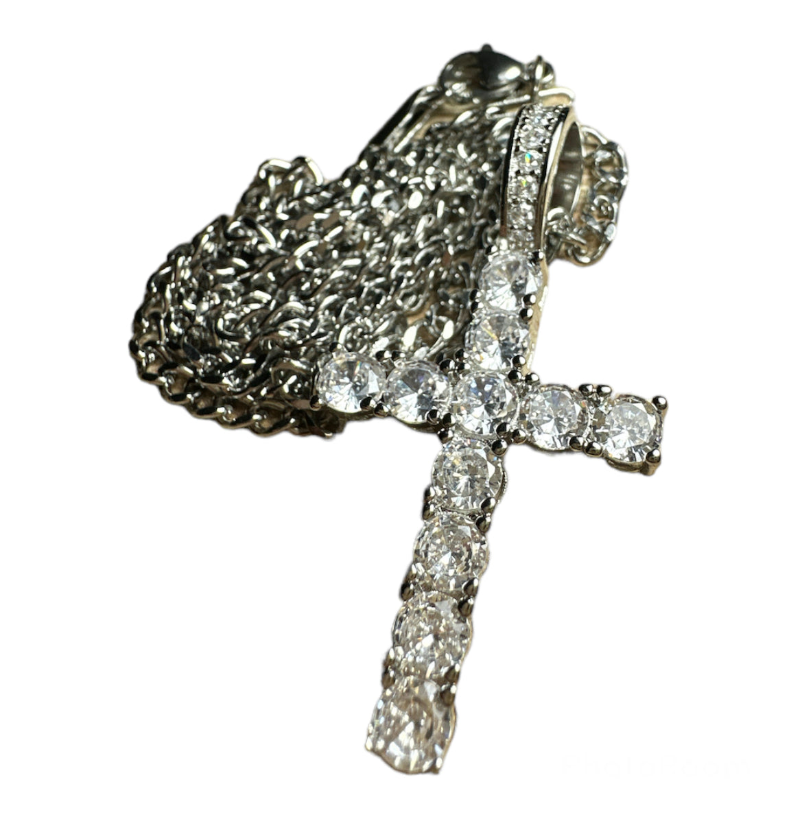 Silver Cross Cuban Necklace CZ Diamonds