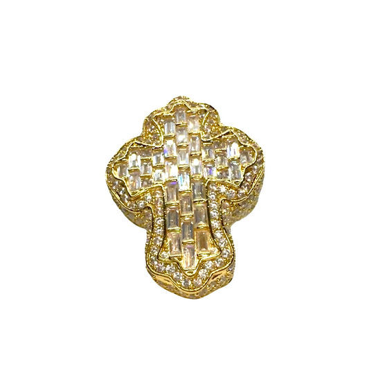 Gold Cross Ring Baguette Diamonds CZ