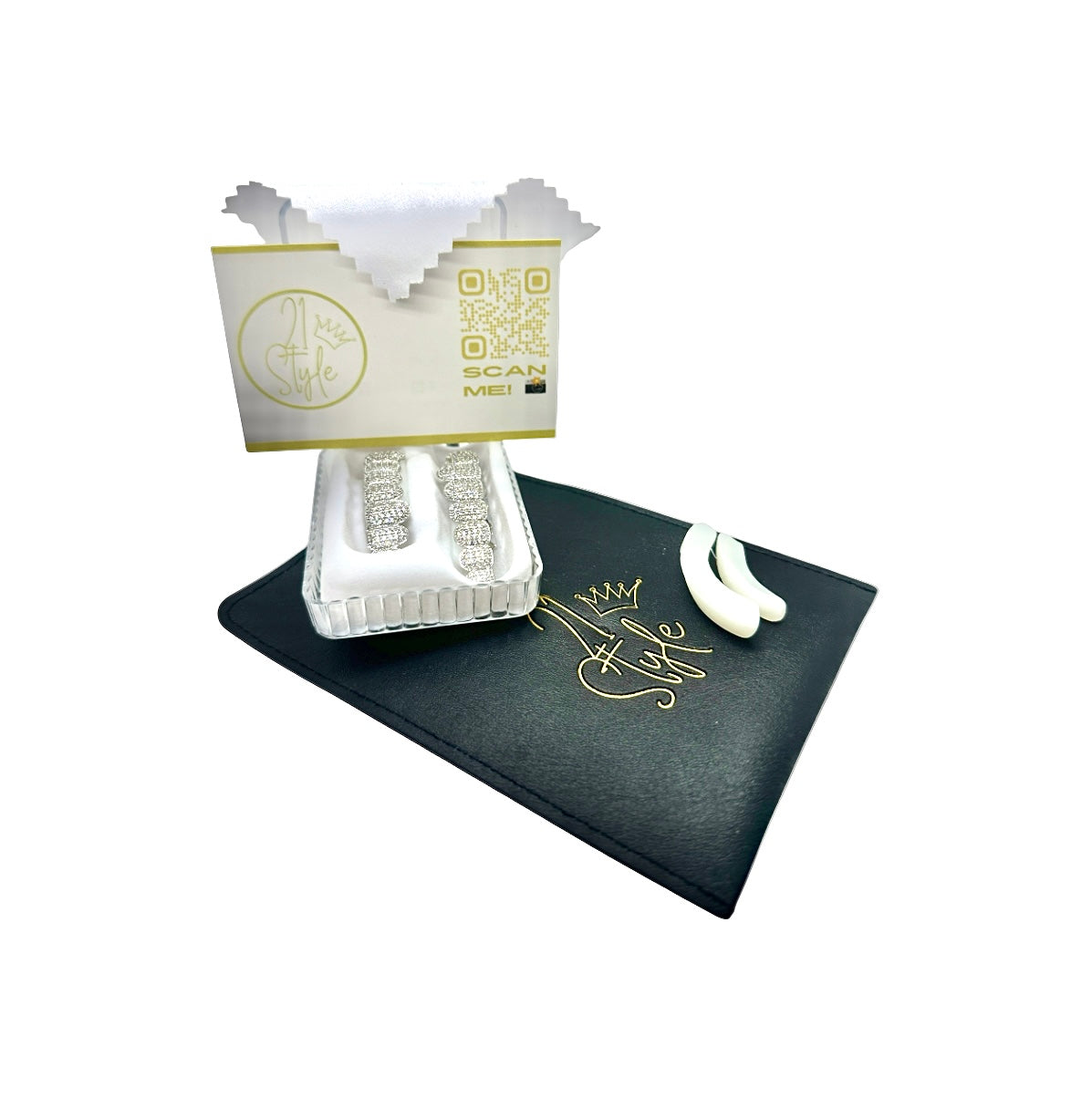 Silver Teeth Grills Set with CZ Diamonds Cubic Zirconia