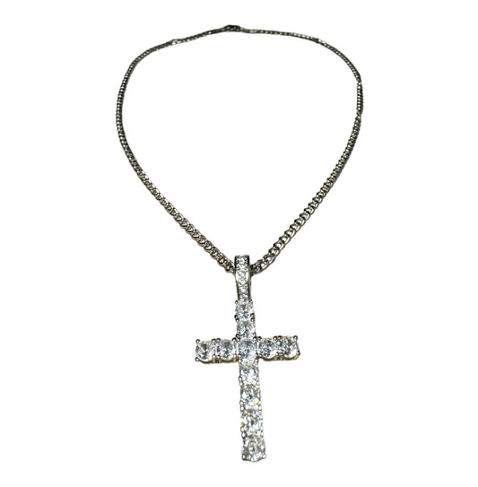 Silver Cross Cuban Necklace CZ Diamonds