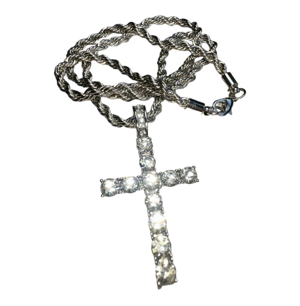 Silver Cross Necklace Rope Chain Diamonds CZ