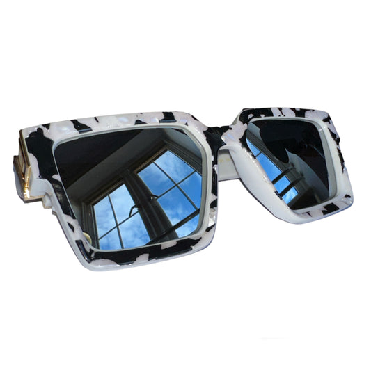 Black and White COW Marble Mirror Lens Custom Square Sunglasses