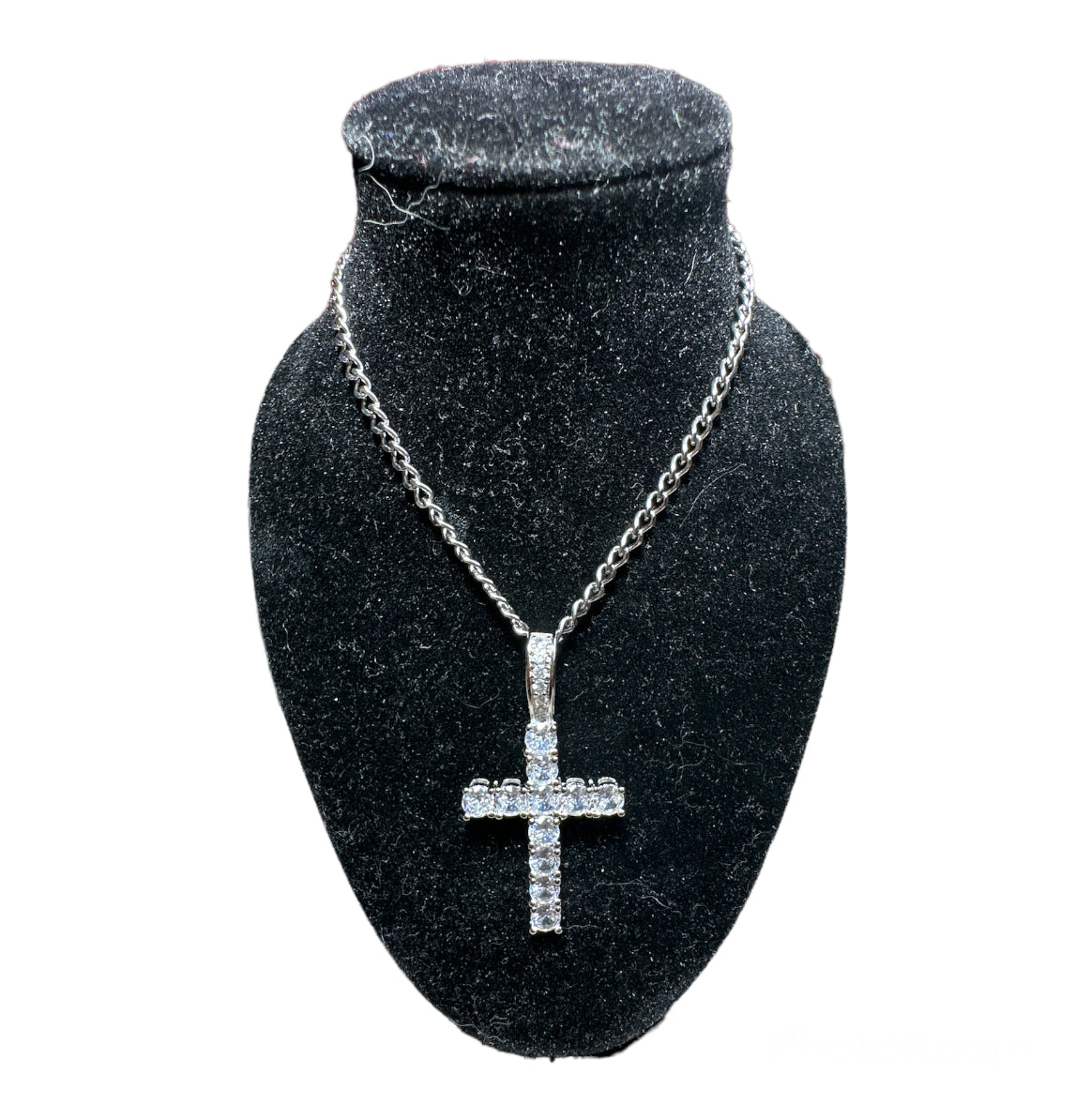 Silver Cross Cuban Necklace CZ Diamonds