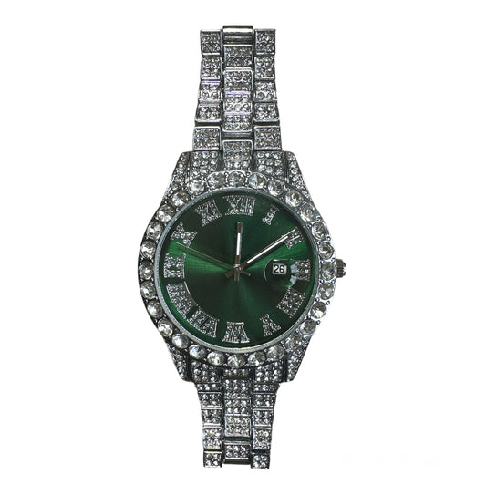 Silver Green Roman Numerals Diamonds Watch