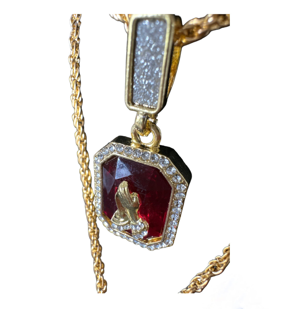 Gold Prayer Hands Ruby Angel Necklace