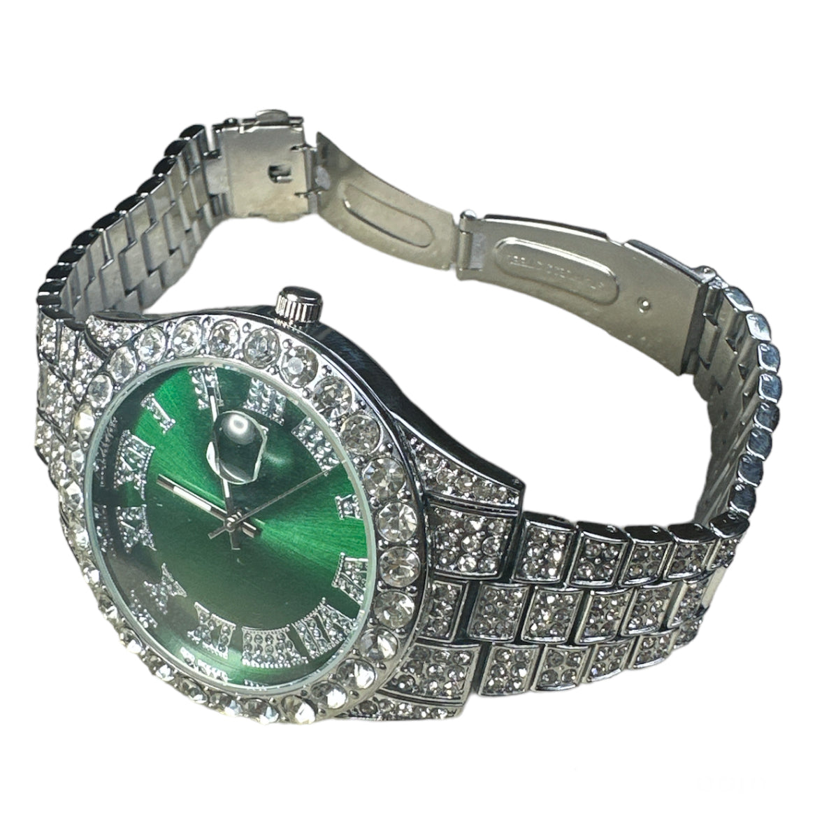 Silver Green Roman Numerals Diamonds Watch